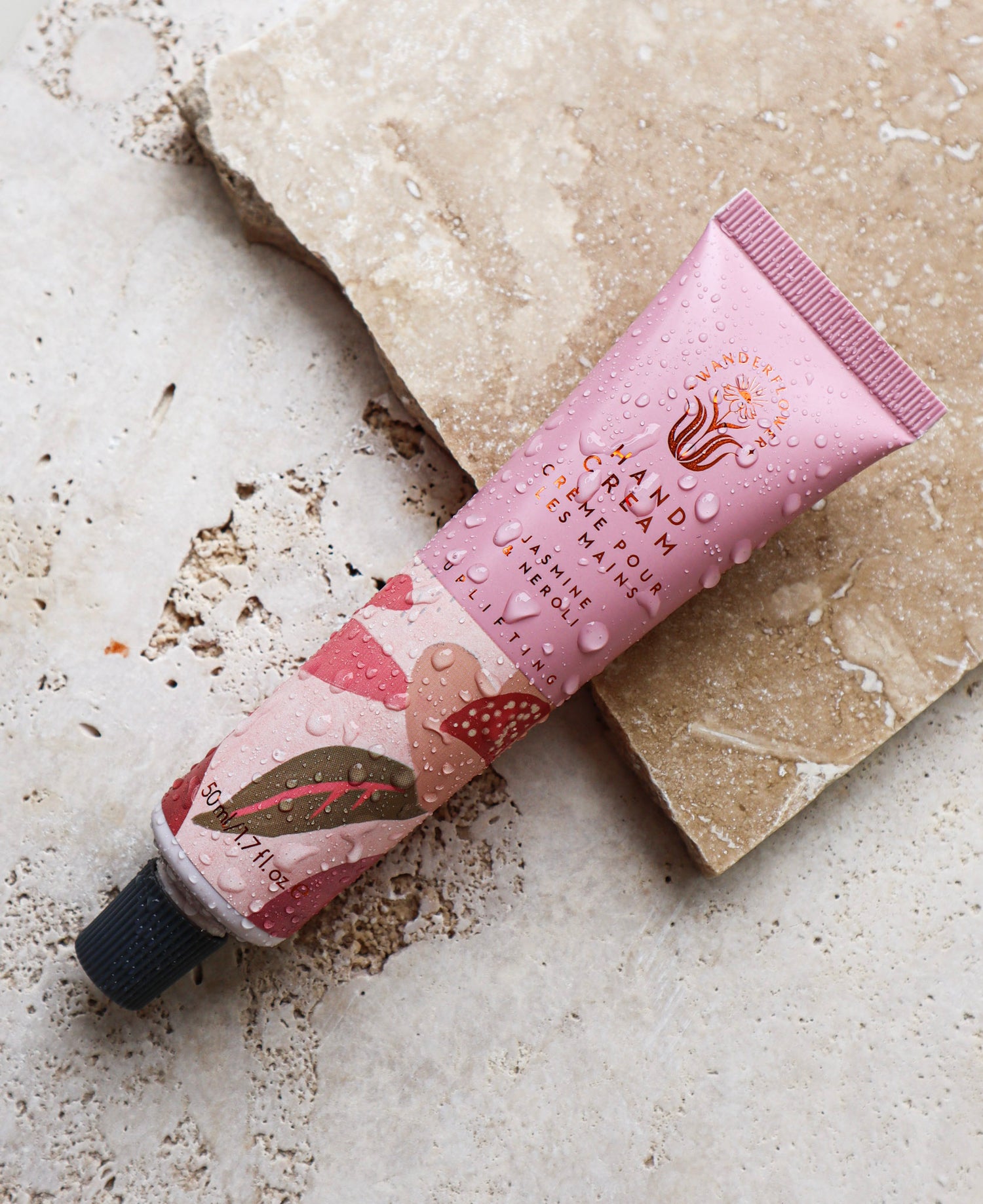 Wanderflower Jasmine and Neroli Hand Cream in a beautifully decorated pink tube