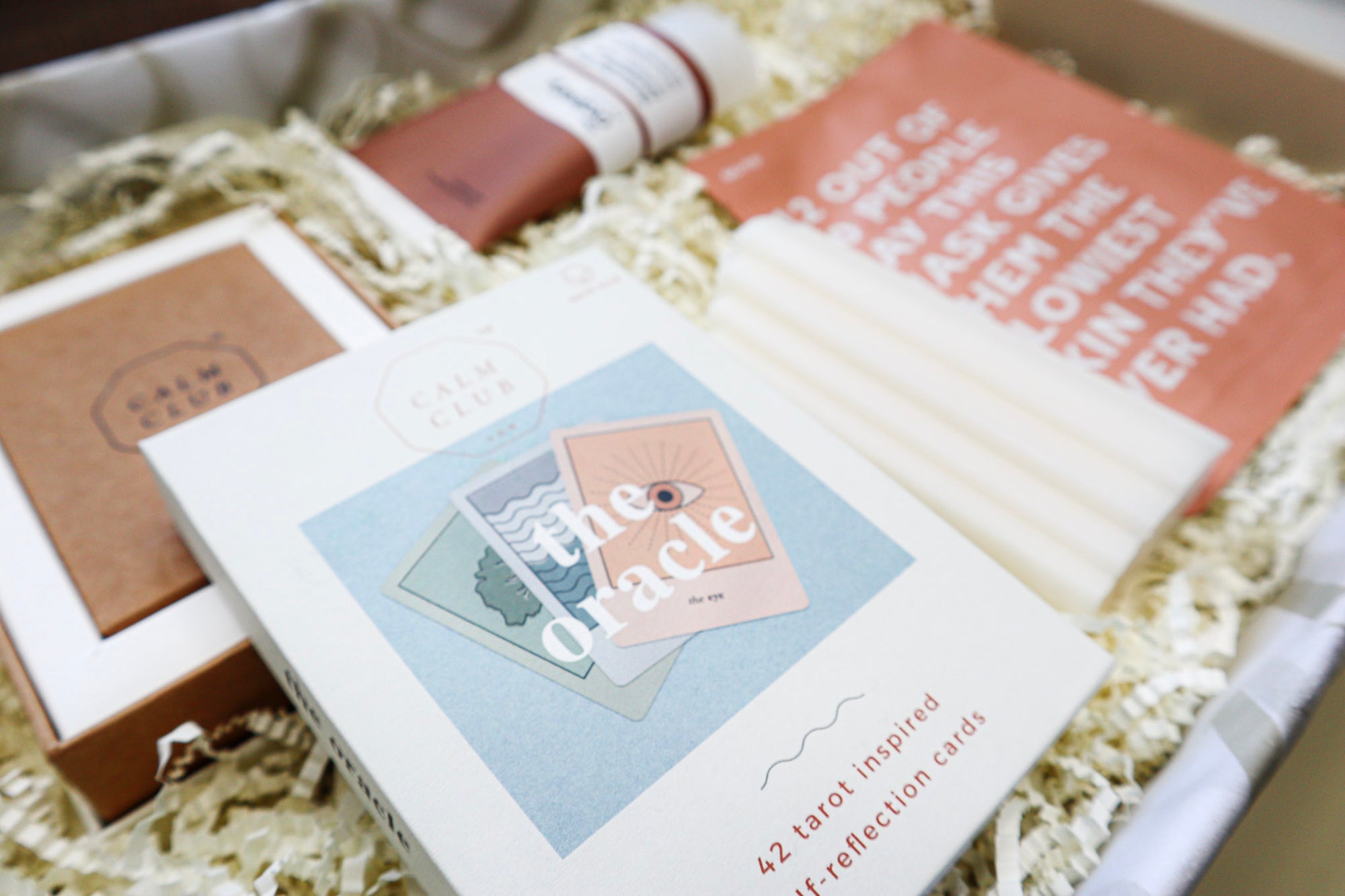 Calm Club The Oracle Gift Cards in a white box with a photo of 3 tarot style self-reflection cards